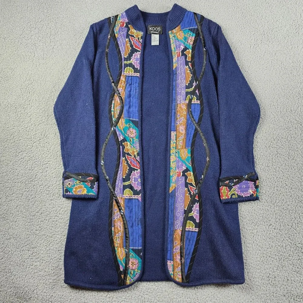 Vintage Koos of Course Cardigan Sweater Medium Blue Silk Wool Blend Art Abstract